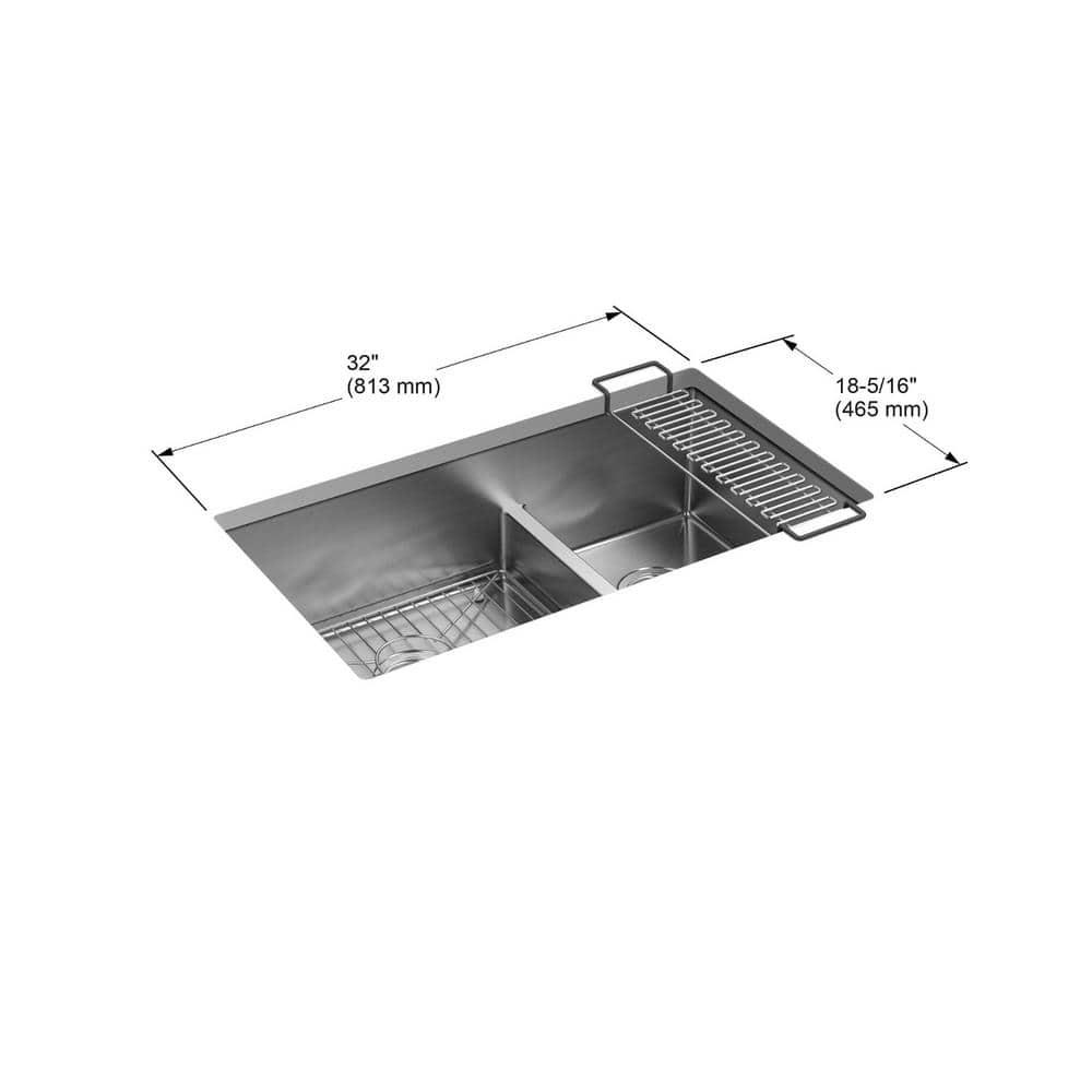 Strive 32" L x 18-5/16" W x 9-5/16" Smart Divide Under-Mount Large/Medium Double-Bowl Kitchen Sink with Basin Rack