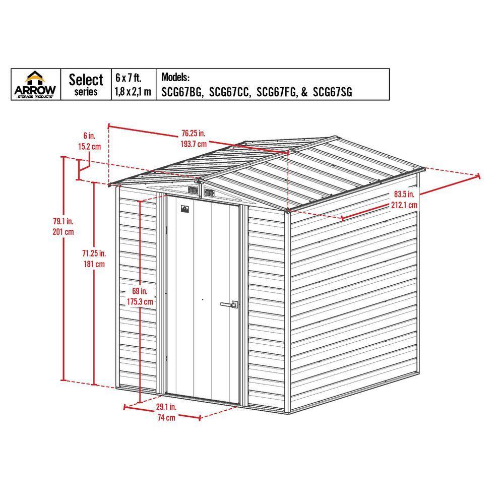 6 ft. W x 7 ft. D Galvanized Steel	 Storage Shed