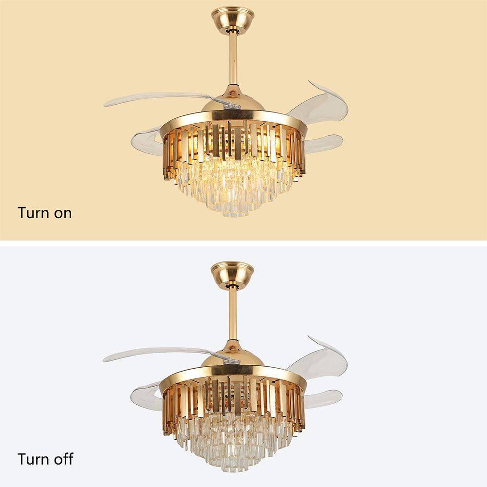 42 in. Integrated LED Indoor Gold Luxury Automatic Retractable Crystal Ceiling Fan with Remote