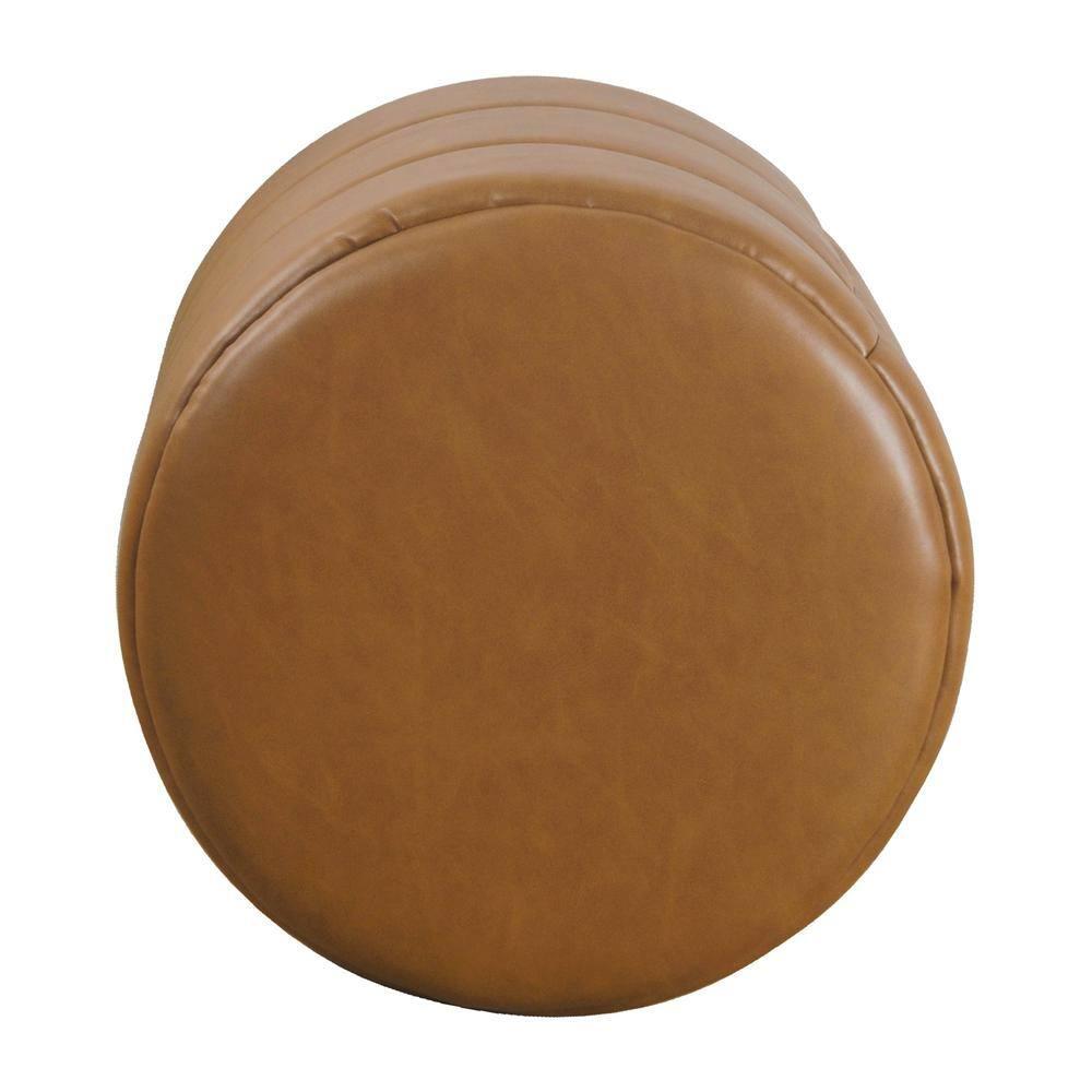 Round Upholstered Ottoman Caramel Faux Leather - HomePop: Channel Tufted, No Assembly Required