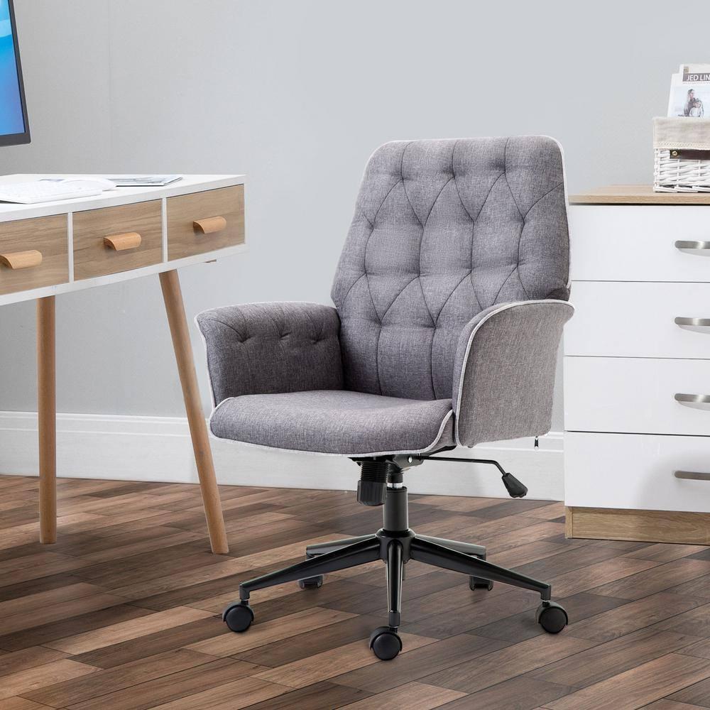 Vinsetto Modern Mid-Back Tufted Linen Home Office Desk Chair with Arms, Swivel Adjustable Task Chair, Upholstery Accent Chair with Soft Seat, Gray
