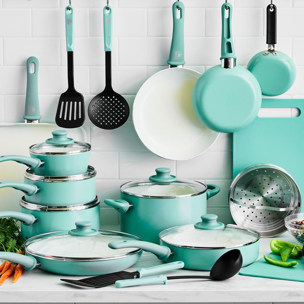 Turquoise Aluminum 16-Piece Nonstick Cookware Set with Glass Lids