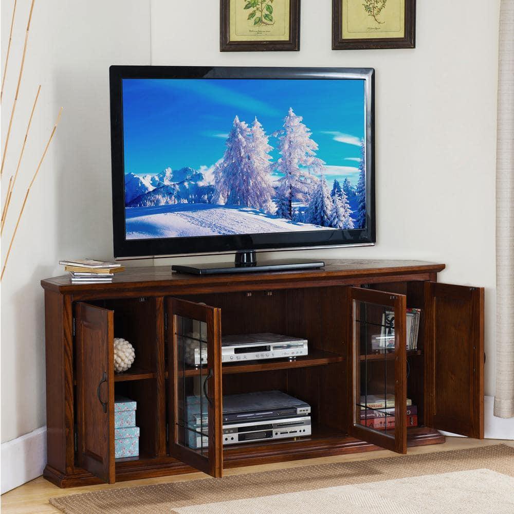 Leick Home 80386 Leaded Glass Corner TV Stand with Enclosed Storage For 60" TV's, Burnished Oak