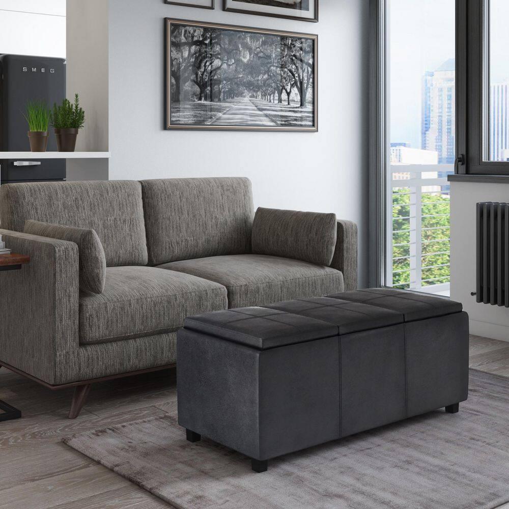Simpli Home Avalon 42"W Upholstered Storage Ottoman with 3 Flip-Over Serving Trays