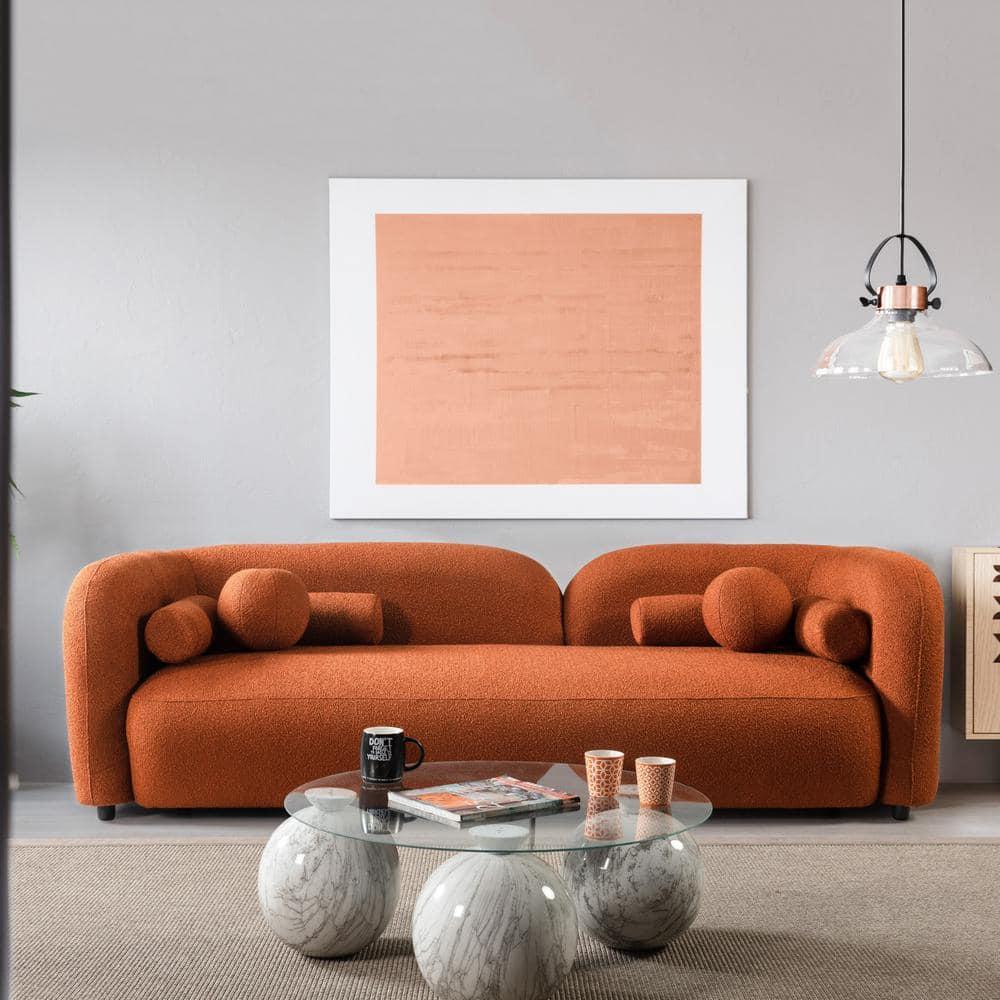 Pemberly Row Luxury Modern Orange Boucle Fabric Curvy Arm Couch