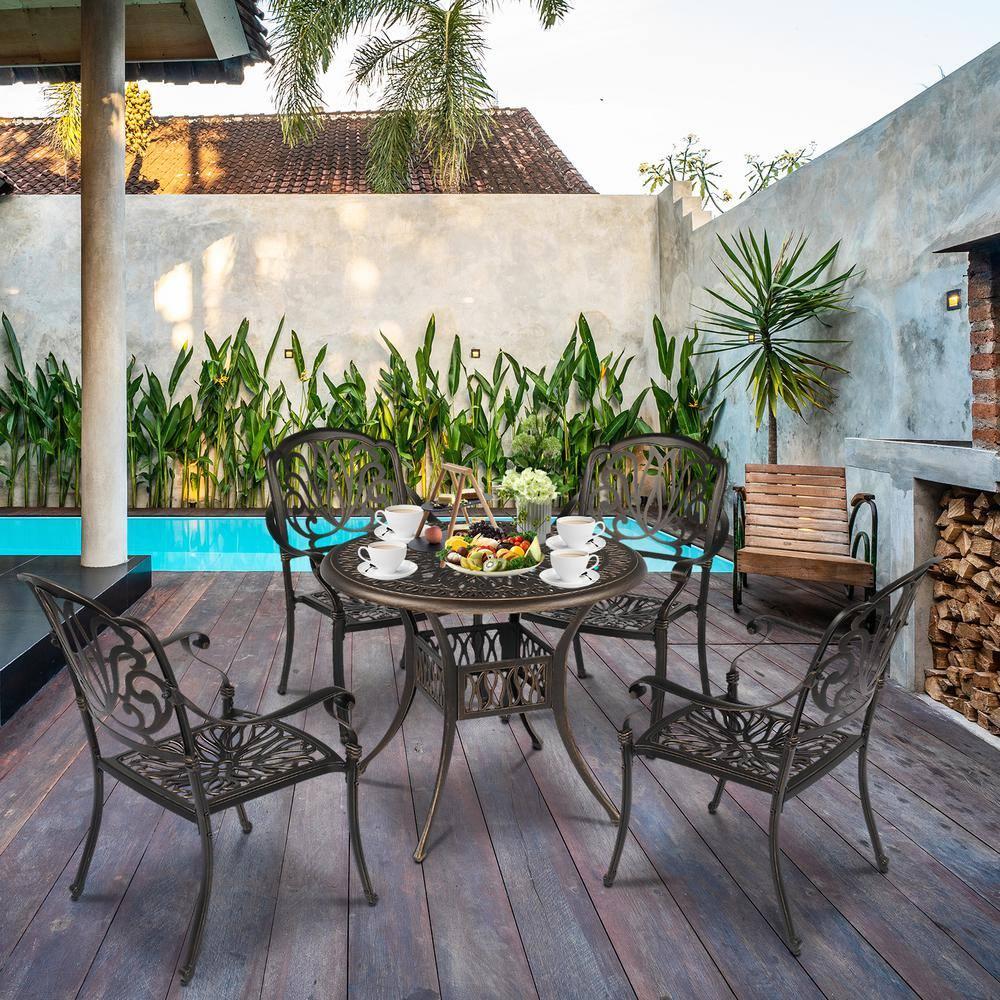 Outdoor Patio Dining Table 35.4 Round Cast Aluminum Table, Weather Resistant - Bronze Color, Perfect for Courtyard Garden Dining