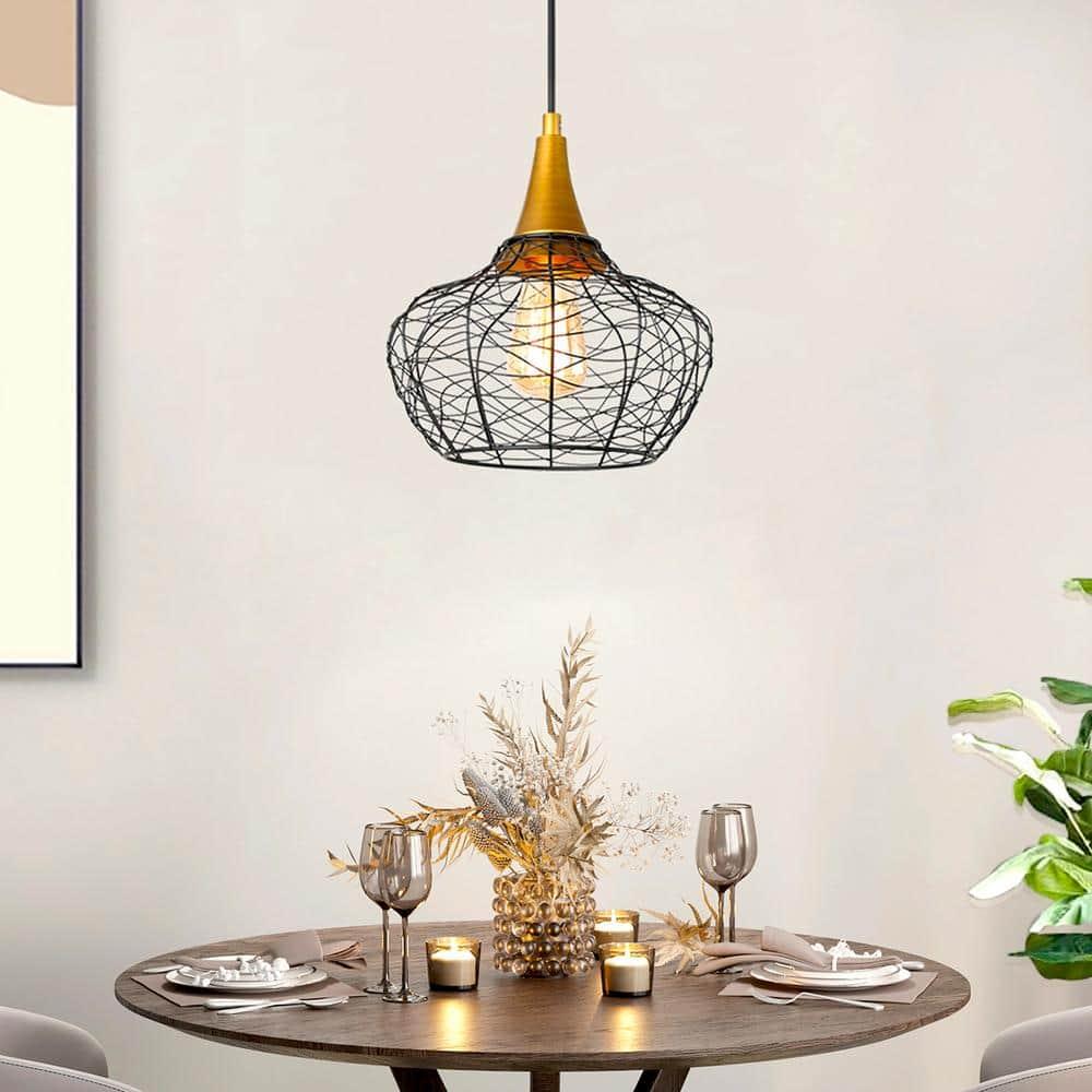 Modern Industrial Black and Brass Geometric Cage Pendant Light