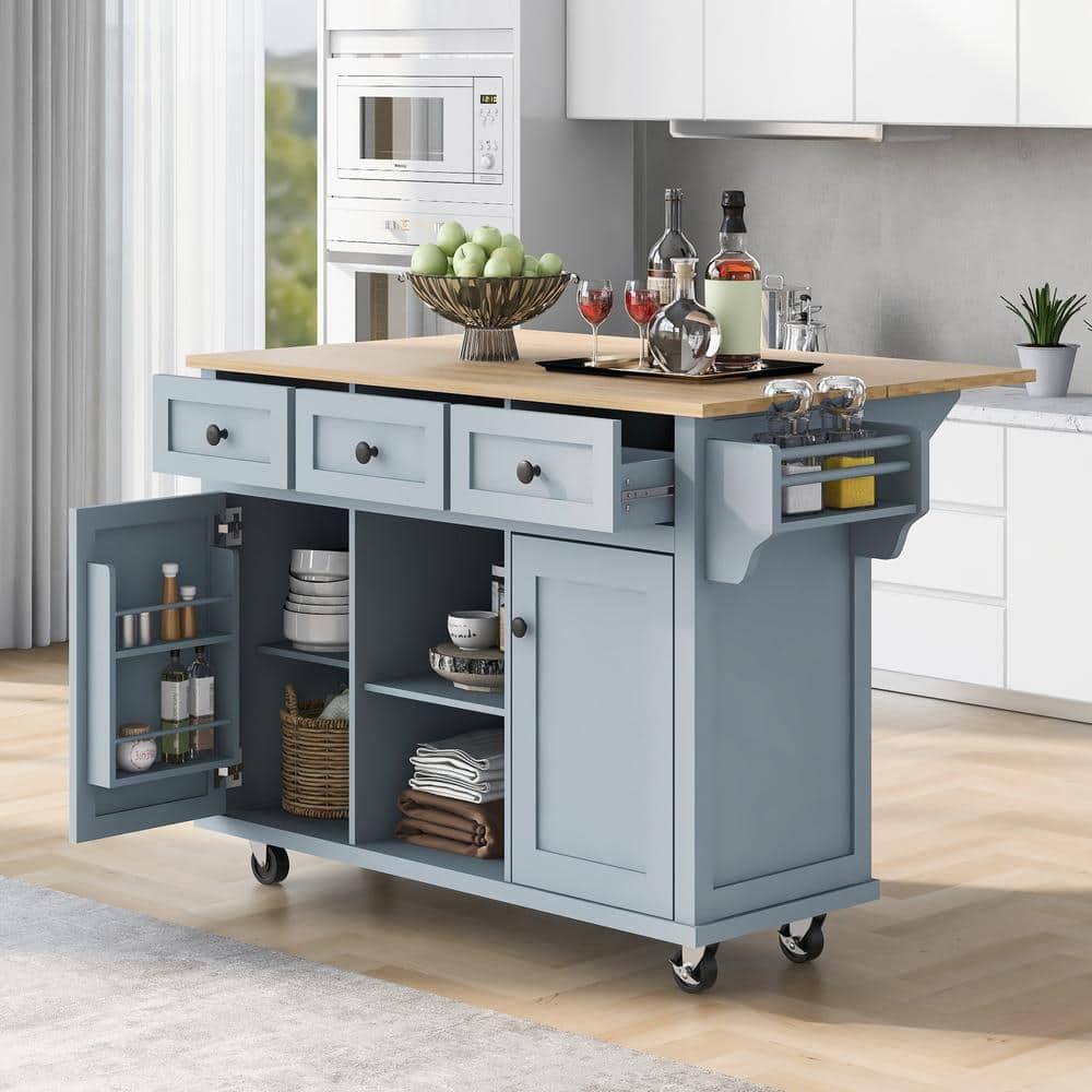 53.1" Kitchen Island Cart with Large Tabletop and Locking Wheels, Kitchen Trolley Cart with 4 Doors Cabinet & 2 Storage Drawers, Spice Rack & Towel Rack, Rolling Kitchen Island Cart, Grey Blue
