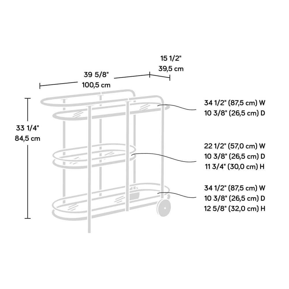 Sauder Coral Cape Metal Cart with Glass Tinted/Black: 3-Tier, Safety-Tempered, Rolling Storage