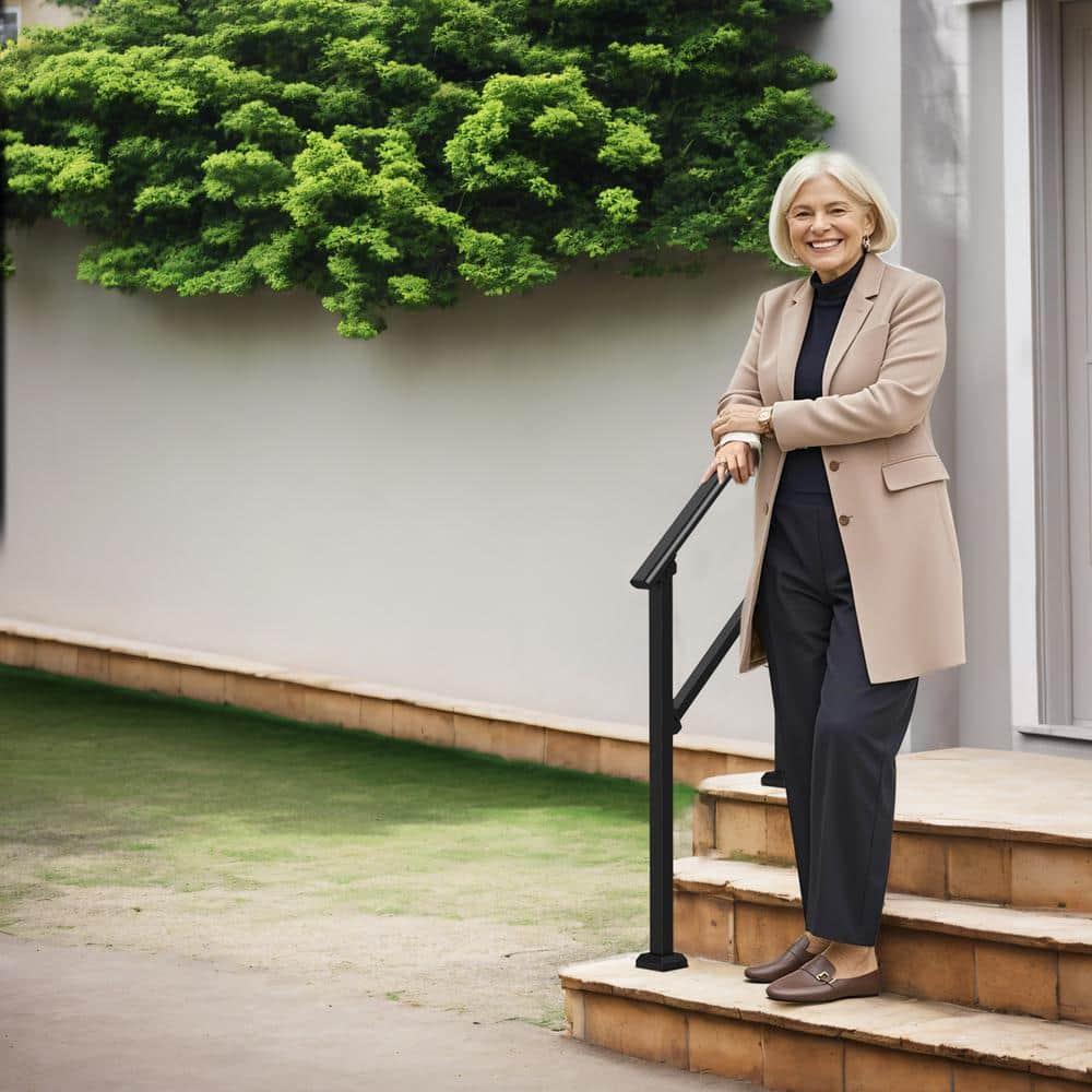 VEVOR Handrails for Outdoor Steps, 2 PCS 2-3 Step Stair Hand Rail Kit, Transitional Carbon Steel Railings with Installation Kit, Stair Rails for Seniors, Concrete & Porch & Deck, Black Square Tube