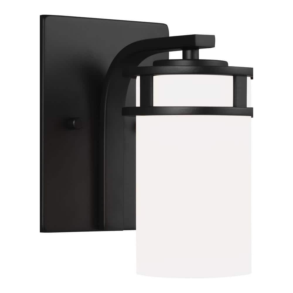 Generation Lighting 4121601-112 Robie Etched/White Glass Cylinder Wall Sconce Lighting Fixture, 1-Light 75 Watt, 8" H x 5" W, Midnight Black