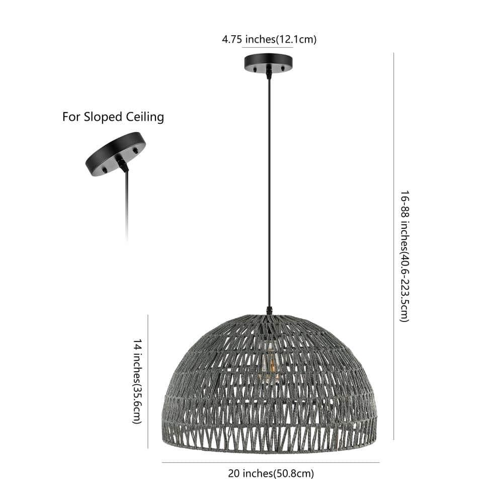 Campana 20" 1-Light Bohemian Modern Woven Rope/Iron LED Pendant, Grey/Black