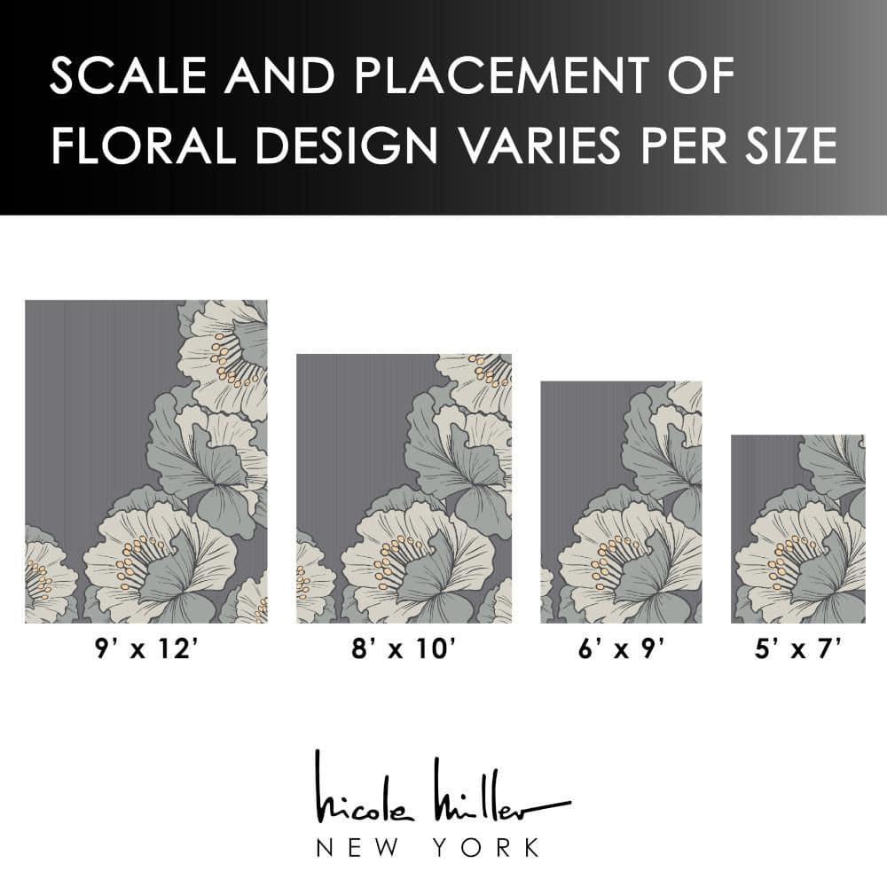 NICOLE MILLER NEW YORK Flora Grandeur Bloom Handcrafted Area Rug, Natural Wool Rug, Bold Floral Rug, Grey, 6'x9'