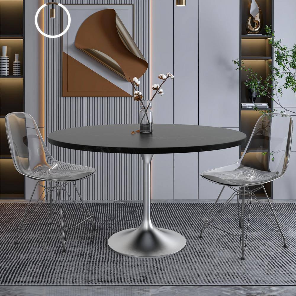 LeisureMod Verve Mid-Century Modern 48" Round Table with MDF Top and Brushed Chrome Pedestal Base for Dining Room and Kitchen in Black