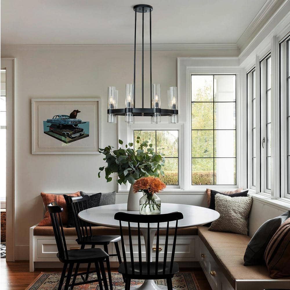 AloaDecor 8-Lights Modern Cylinder 25"  Wagon Wheel Matte Black Chandelier With Glass Accents - W:25.6"