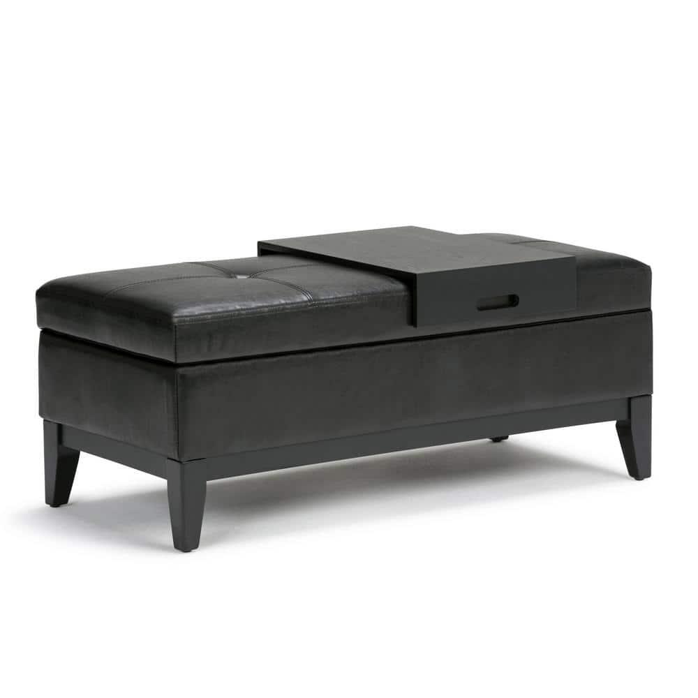 Simpli Home Oregon 42 inch Wide Contemporary Rectangle Storage Ottoman Bench with Tray in Tanners Brown Faux Leather-Finish:Midnight Black