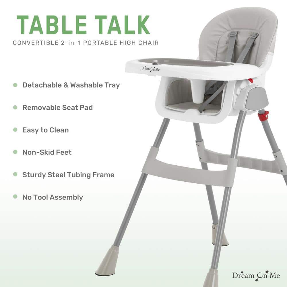 Dream On Me Portable 2-In-1 Table Talk High Chair - Convertible Compact and Lightweight, Grey