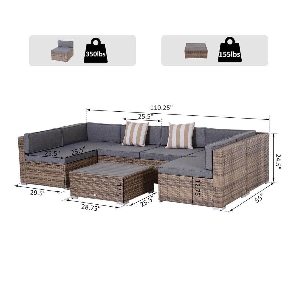 Outsunny 7-Piece Patio Furniture Set, Outdoor Wicker Conversation Set, All Weather PE Rattan Sectional Sofa w/ Faux Wood Table, Stripe Pillows, Gray
