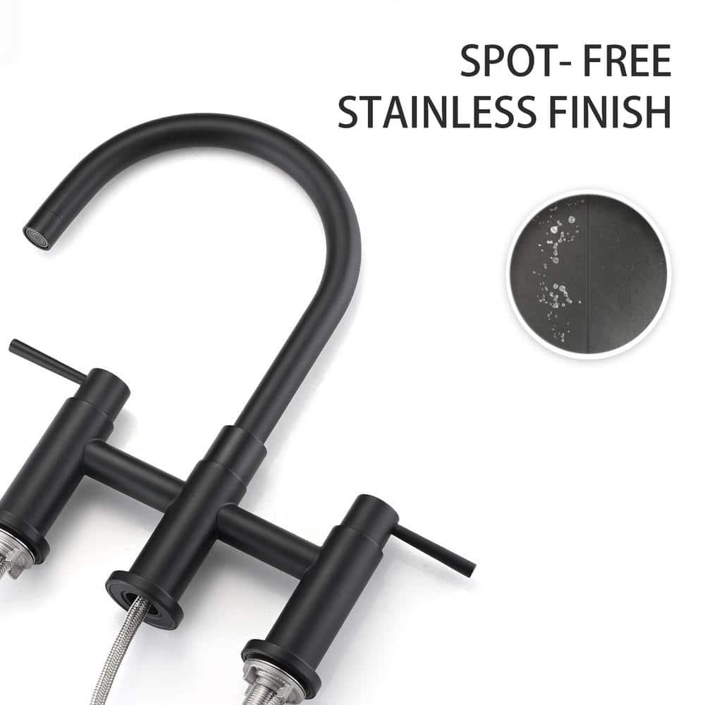 Double Handle Bridge Kitchen Faucet with Side Sprayer in Matte Black
