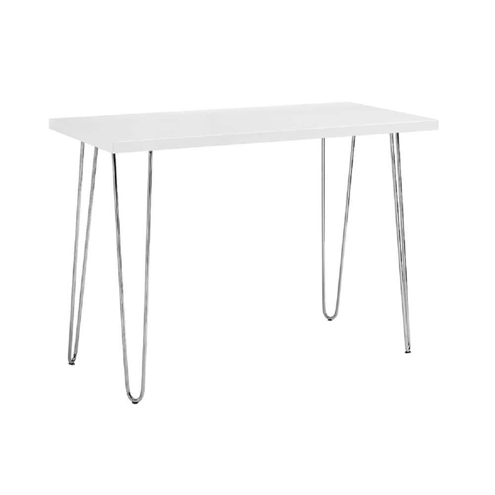 Walker Edison MDF Wood Writing Desk with Chrome Metal Legs in White