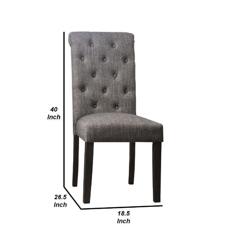 27 Inch Fabric Dining Chair, Button Tufted Rolled Back, Wood, Gray - Saltoro Sherpi