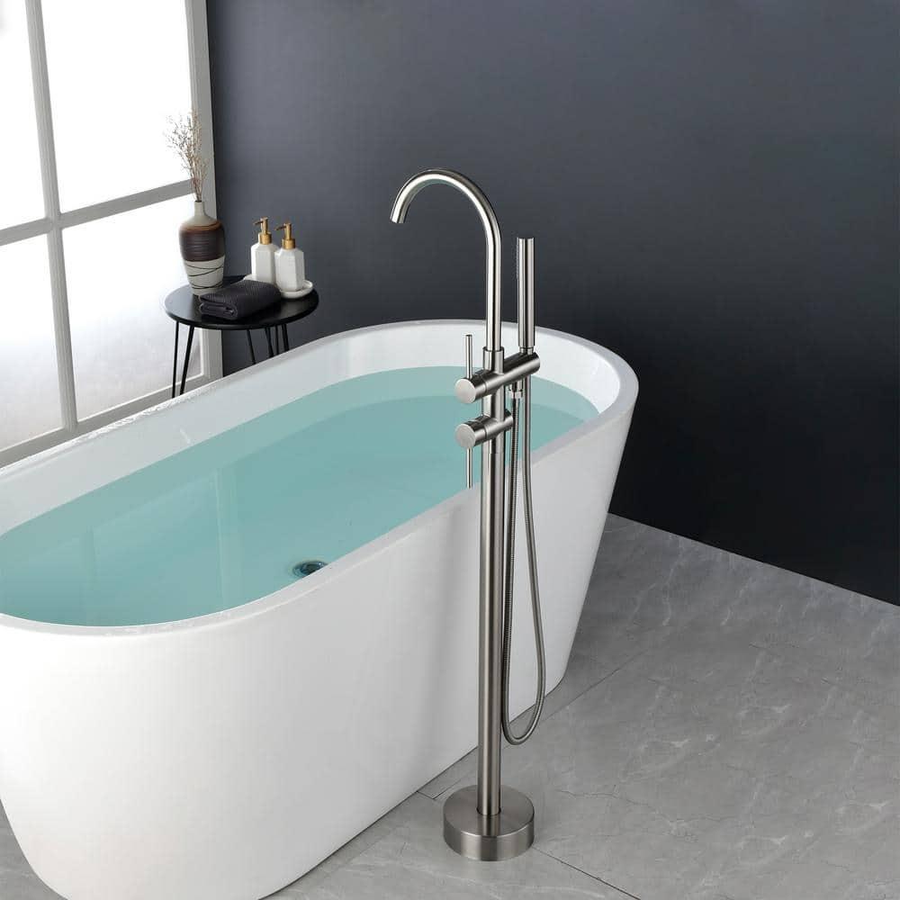 Double Handle Floor Mounted Freestanding Tub Filler With Handshower