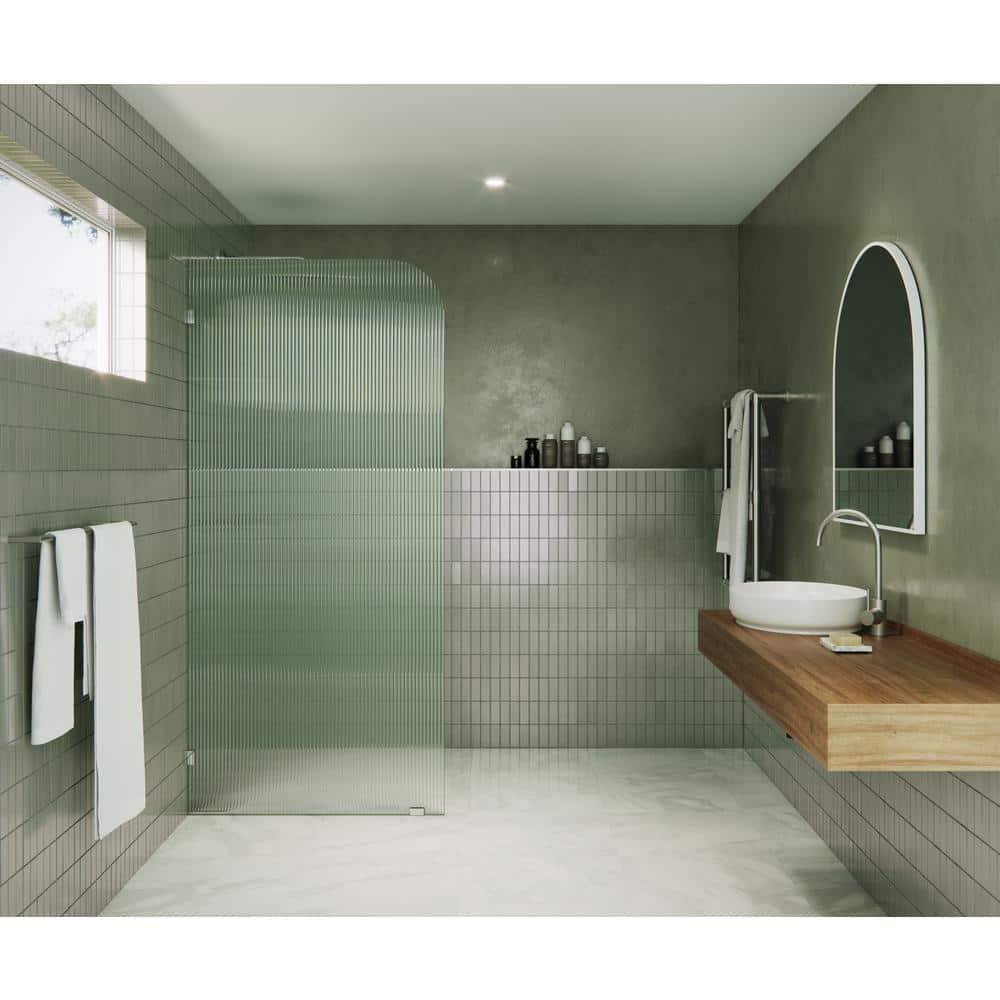 Glass Warehouse  36" x 78" Frameless Shower Door - Single Fixed Panel Fluted Frosted Radius Polished Chrome 36 Inch - Left Chrome Finish