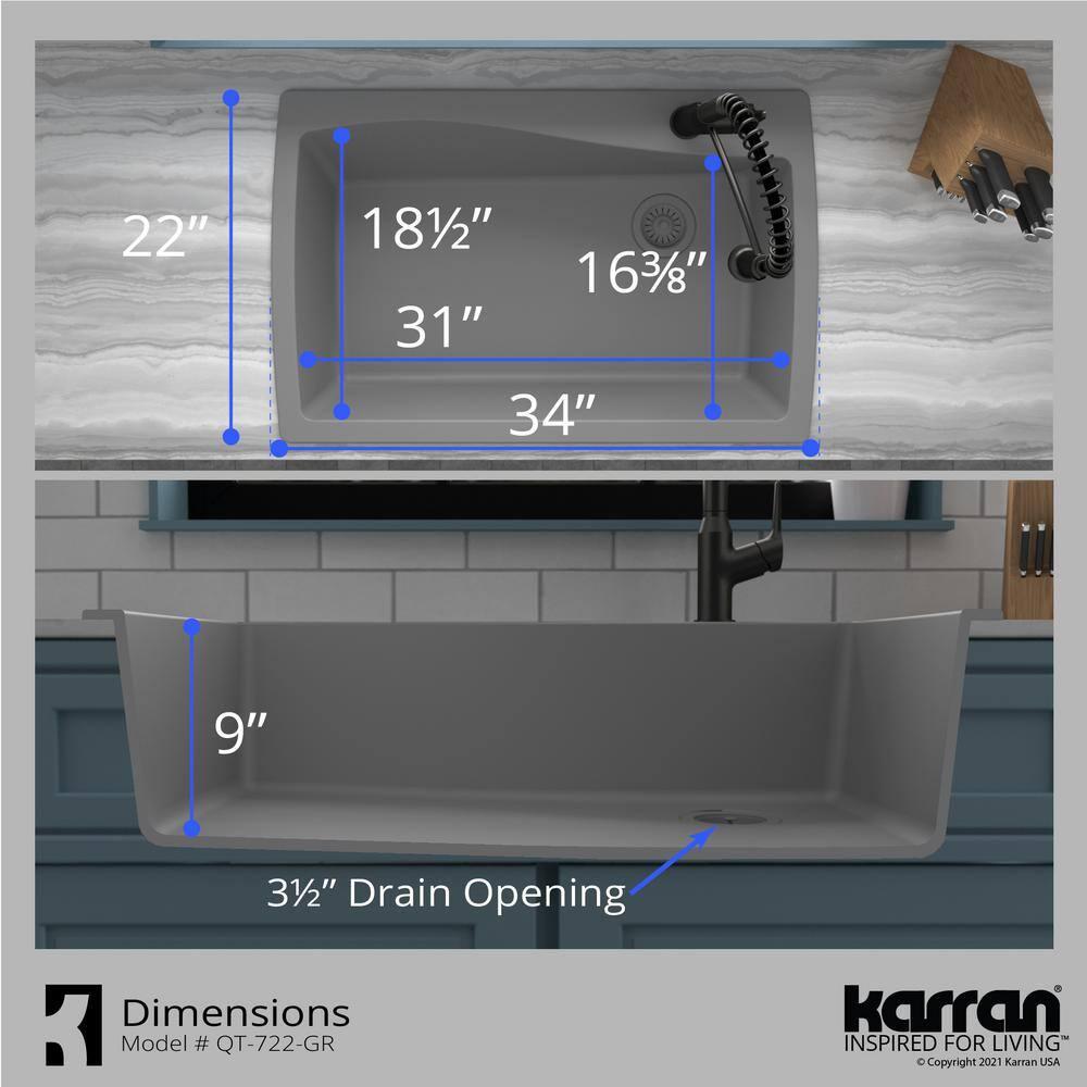 Karran Karran Drop-in Quartz Composite 34'' X 22'' 1-Hole Single Bowl Kitchen Sink QT-722-GR