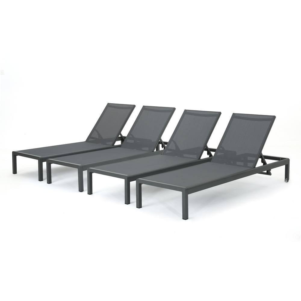 Miller Outdoor Aluminum Chaise Lounge with Dark Grey Mesh Seat, Set of 4, Grey
