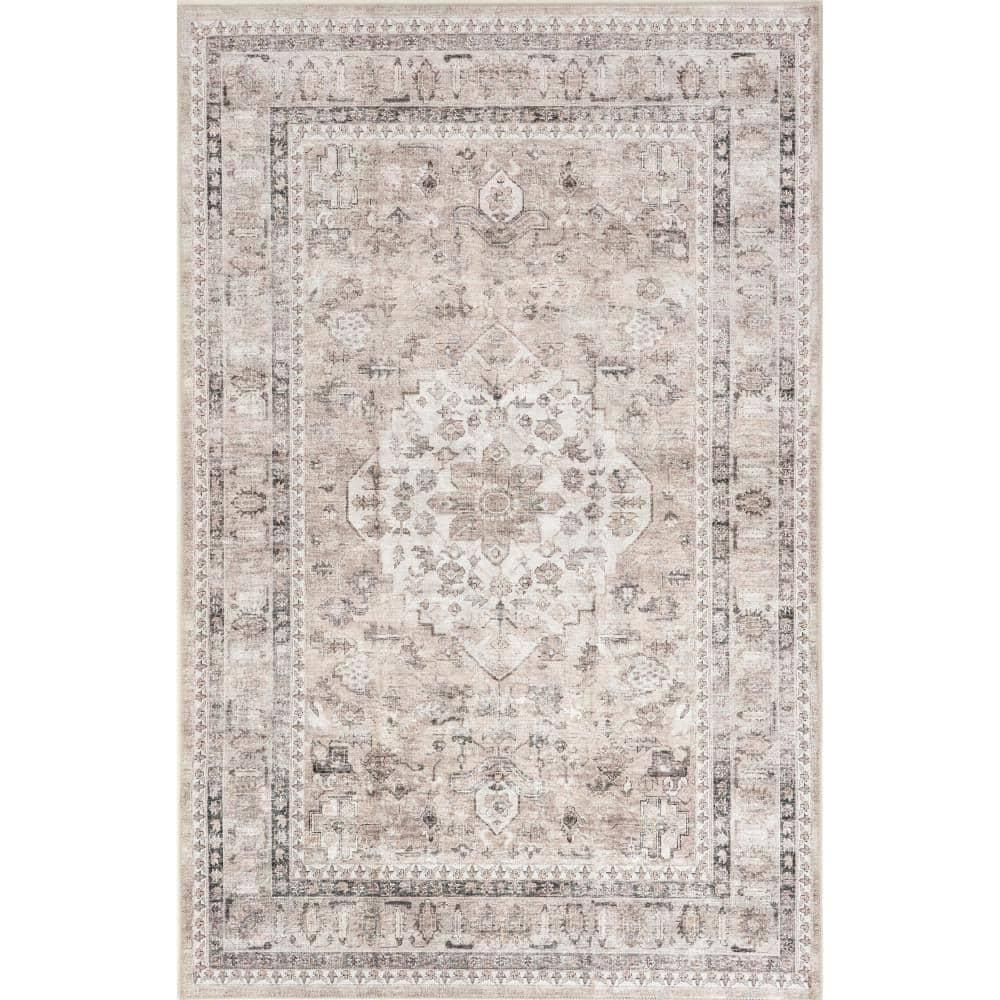 Nuloom Davi Medallion 5x8 Spill Proof Machine Washable Indoor Area Rug for Living Room Bedroom Dining Room Kitchen, Stone/Ivory