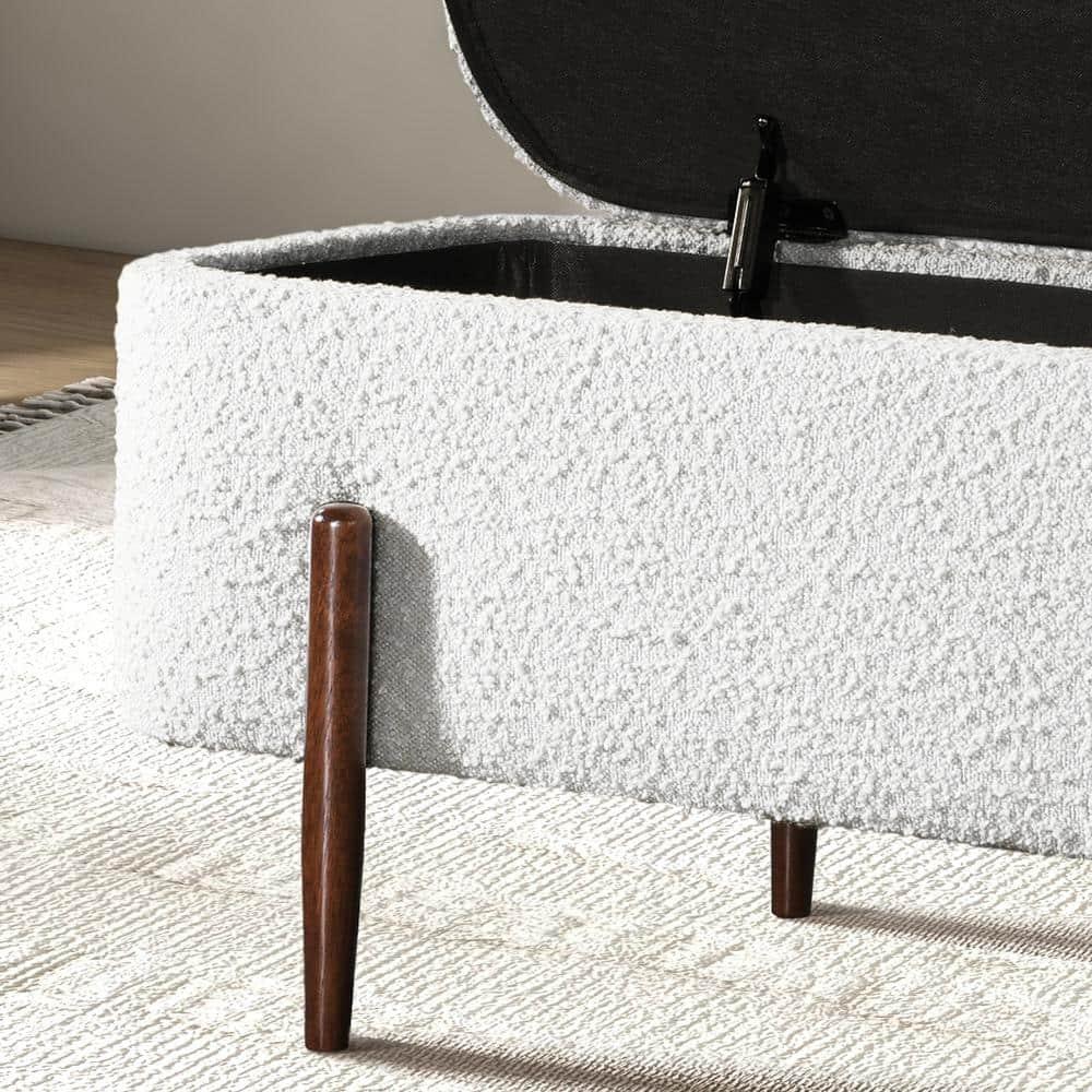 Alya Mid-Century Japandi Ivory Boucle Fabric Upholstered Storage Ottoman Bench