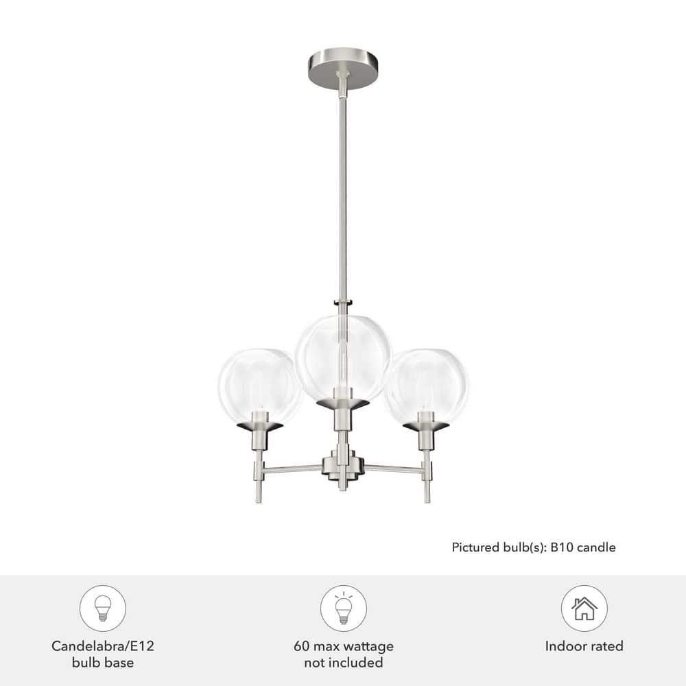 Hunter - Xidane 3-light Brushed Nickel, Medium Size Chandelier, Dimmable, Mid Century Modern Style, Candle Shaped, for Bedrooms, Kitchens, Dining, Living Rooms - 19740