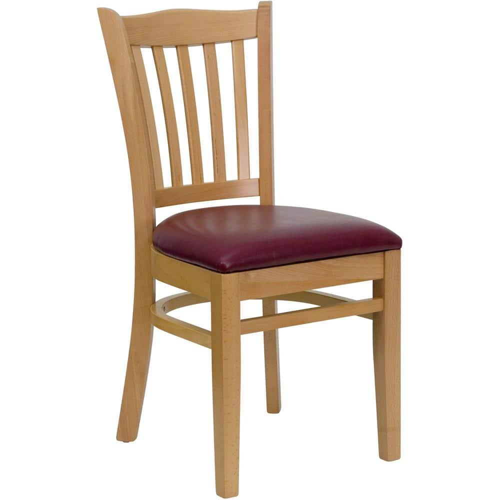 Flash Furniture HERCULES Series Vertical Slat Back Natural Wood Restaurant Chair - Burgundy Vinyl Seat