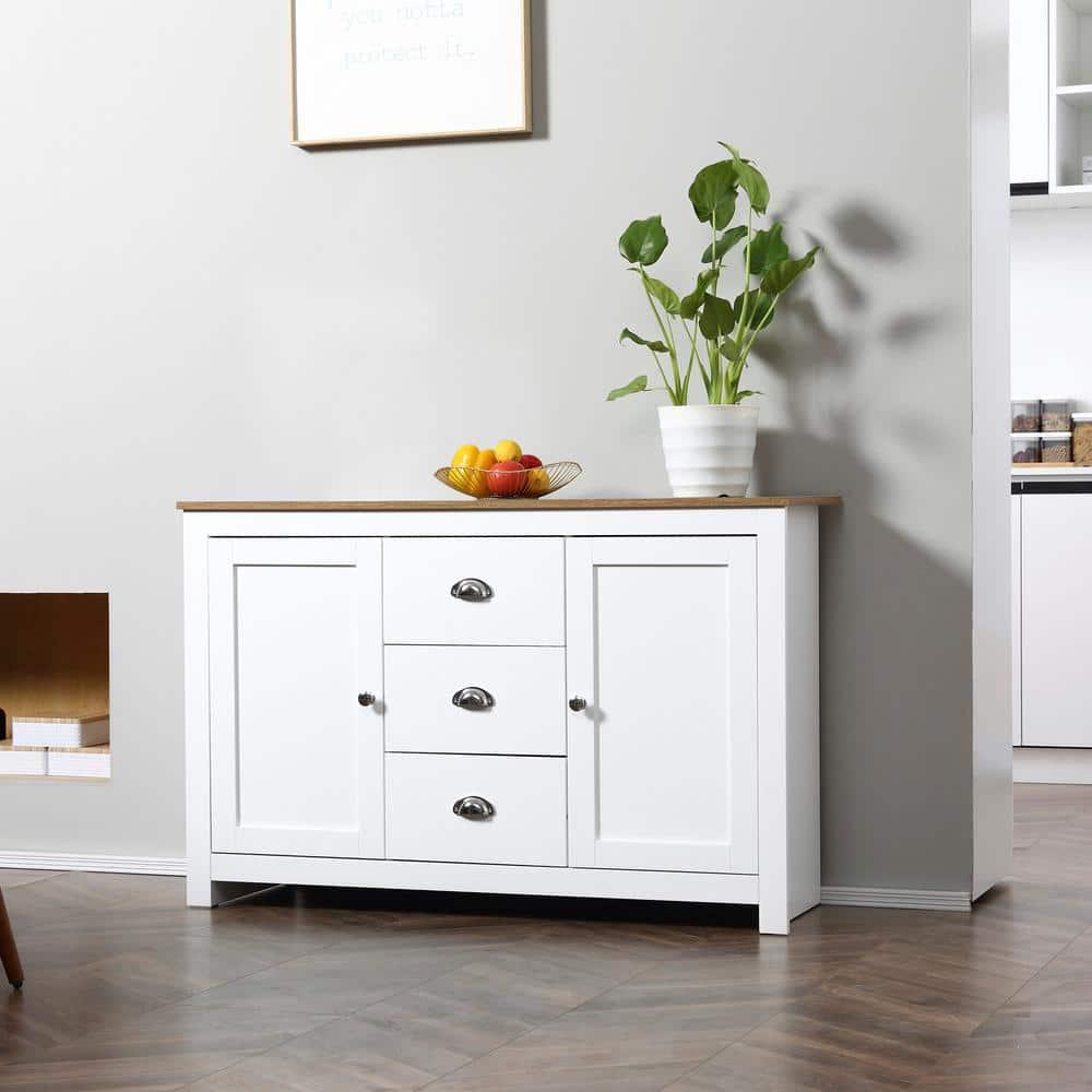 HOMCOM Kitchen Sideboard with Adjustable Shelves, Dining Buffet Cabinet with 3 Storage Drawers, White