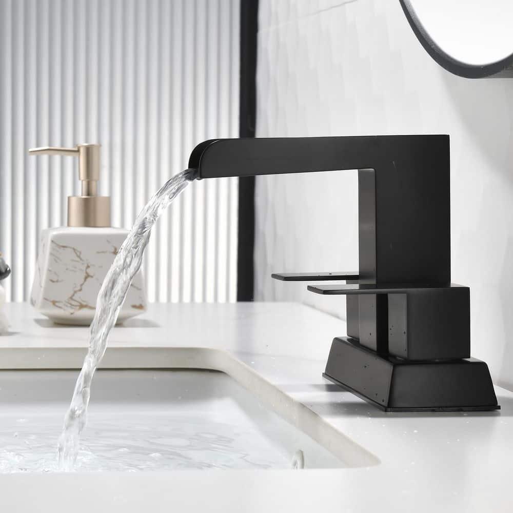 SHACO Black 4 Inch Centerset Bathroom Faucets 3 Hole or 2 Hole, Matte Black 2 Handle Waterfall Vanity Faucet, Lavatory Mixer Tap RV Sink Faucet with Overflow Pop Up Drain and Hose, SC-ZT907B-NEW1