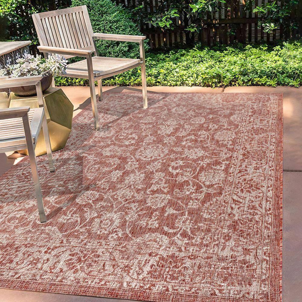8'x10' Tela Bohemian Textured Weave Floral Indoor/Outdoor Area Rug, Red/Taupe - JONATHAN Y