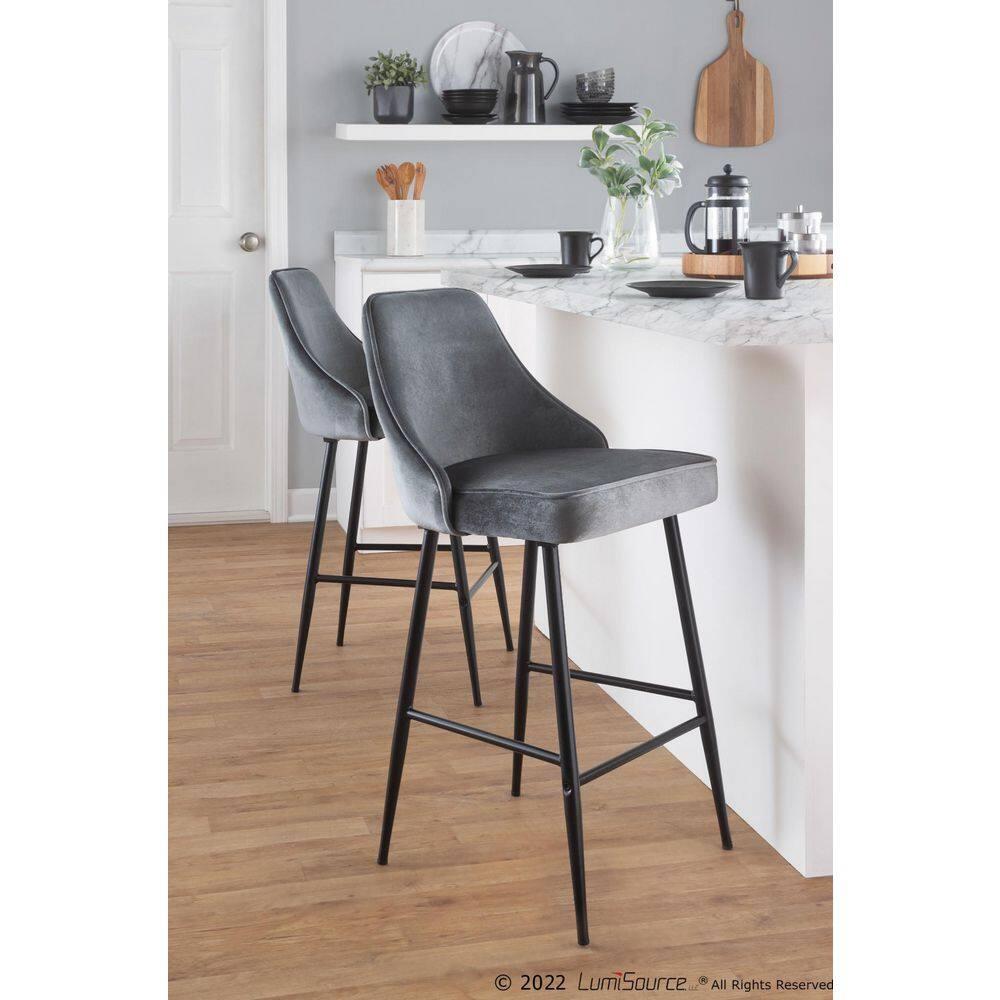 Marcel 25" Contemporary Fixed-Height Counter Stool In Black Metal And Blue Velvet - Set Of 2