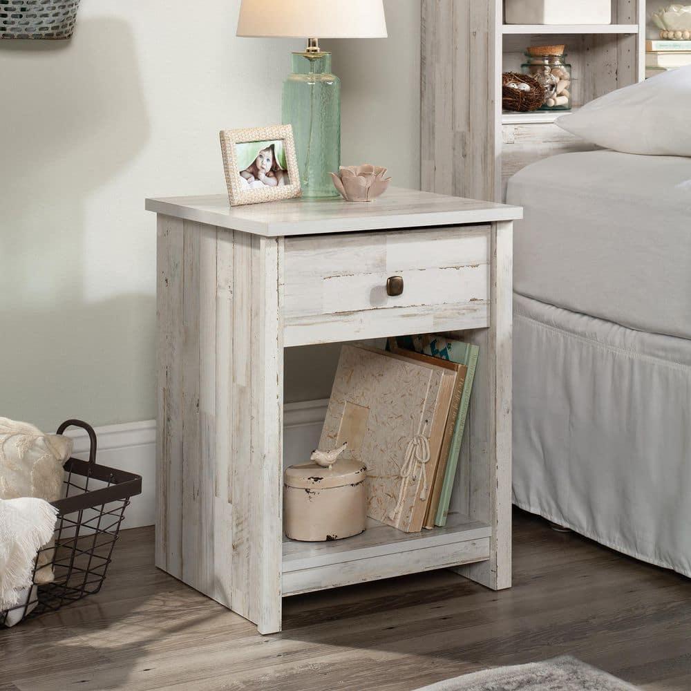 River Ranch Nightstand with Drawer White Plank - Sauder: Farmhouse Style Bedside Table with Open Shelf