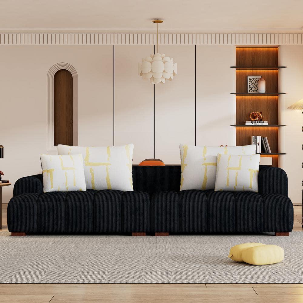 103.9" Modern Couch, Corduroy Fabric Comfy Deep Seat Sofa with Rubber Wood Legs, 4 Tossing Pillows for Living Room, Bedroom, Apartment, Dorm, Black