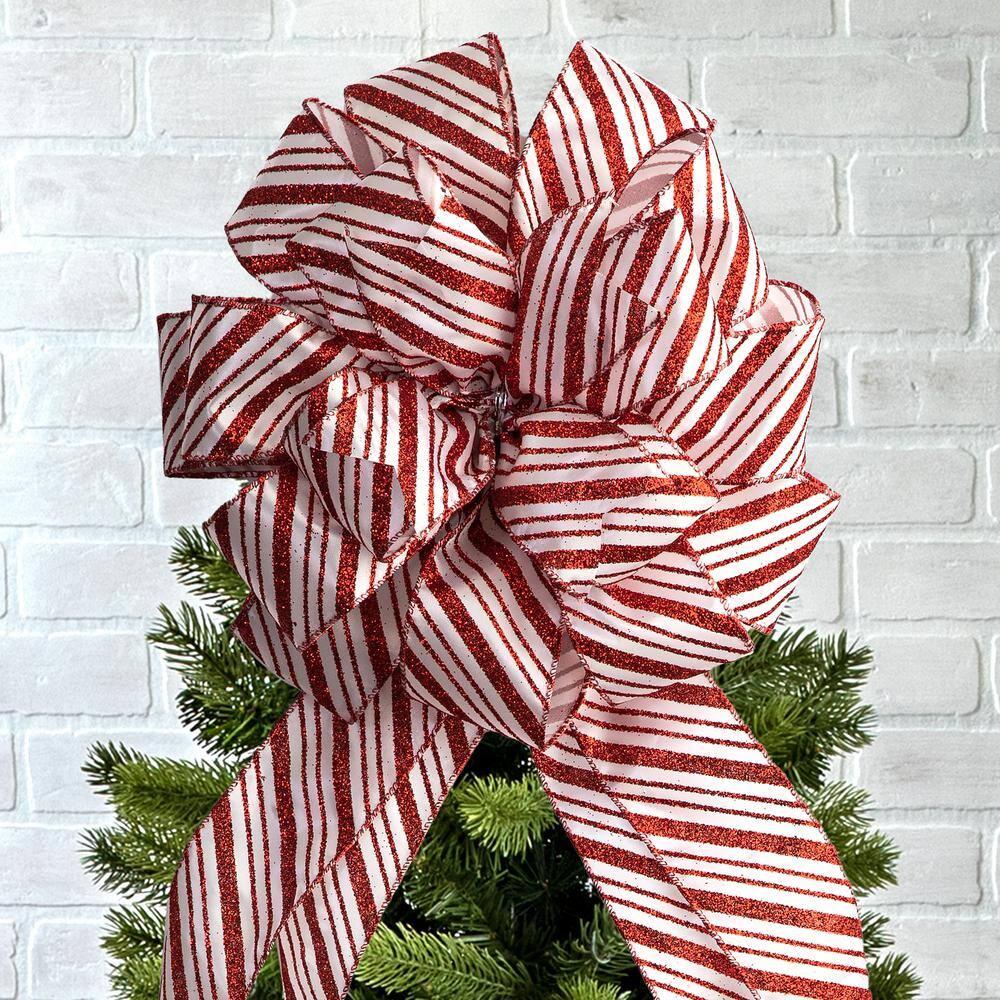 New Traditions Large Glitter Candy Cane Stripe Ribbon Christmas Tree Topper Bow and 12 Mini Bows, 13 Pieces