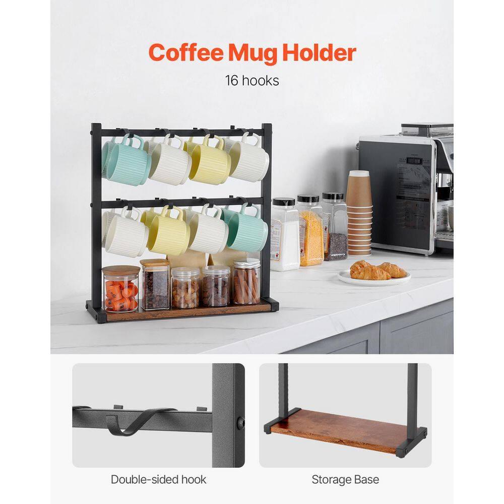Coffee Mug Holder for Countertop, 16-Hooks Coffee Cup Holder with Storage Base, 2-Tier Mugs Tree Rack Carbon Steel