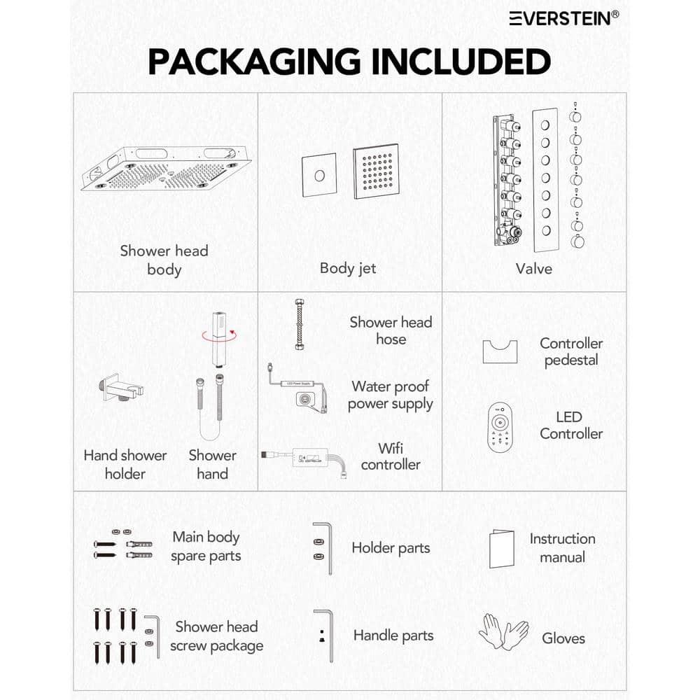 EVERSTEIN 12 in. Dual Rain Shower Heads System, 1.8 GPM Muti Spray Patterns Wall & Celling Mounted Shower Head with Handheld Shower Sparyer, Side Jets & Knob Valve Body, Brushed Nickel