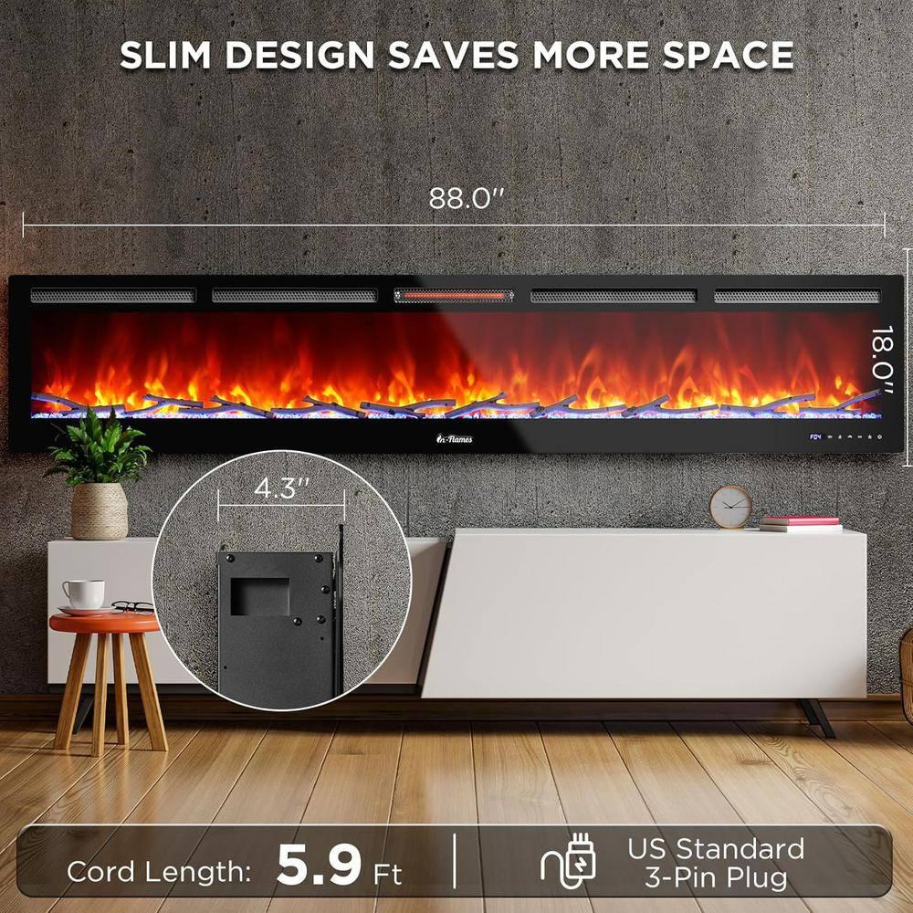 TURBRO 88” Smart WiFi Infrared Electric Fireplace with Sound Crackling and Realistic Flame, 1500W Quartz Heater, Recessed or Wall Mounted, Adjustable Flame Effects, Remote Control and App, in Flames