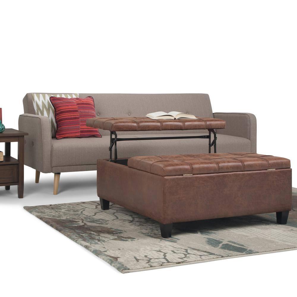 Simpli Home Harrison 36"W Upholstered Square Coffee Table Storage Ottoman with Split Lift Top