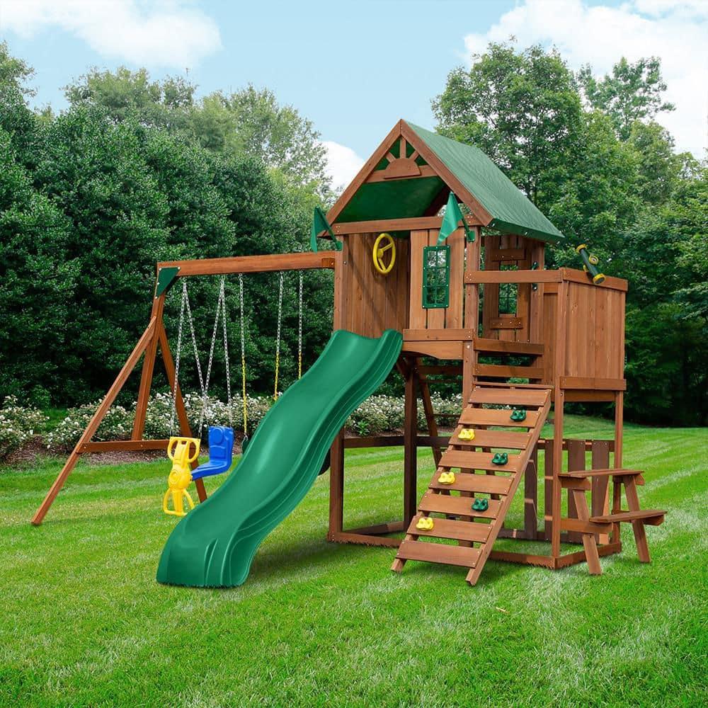 Swing-N-Slide Knightsbridge Wooden Backyard Swing Set with Alpine Wave Slide, Glider Swing, and Rock Climbing Wall