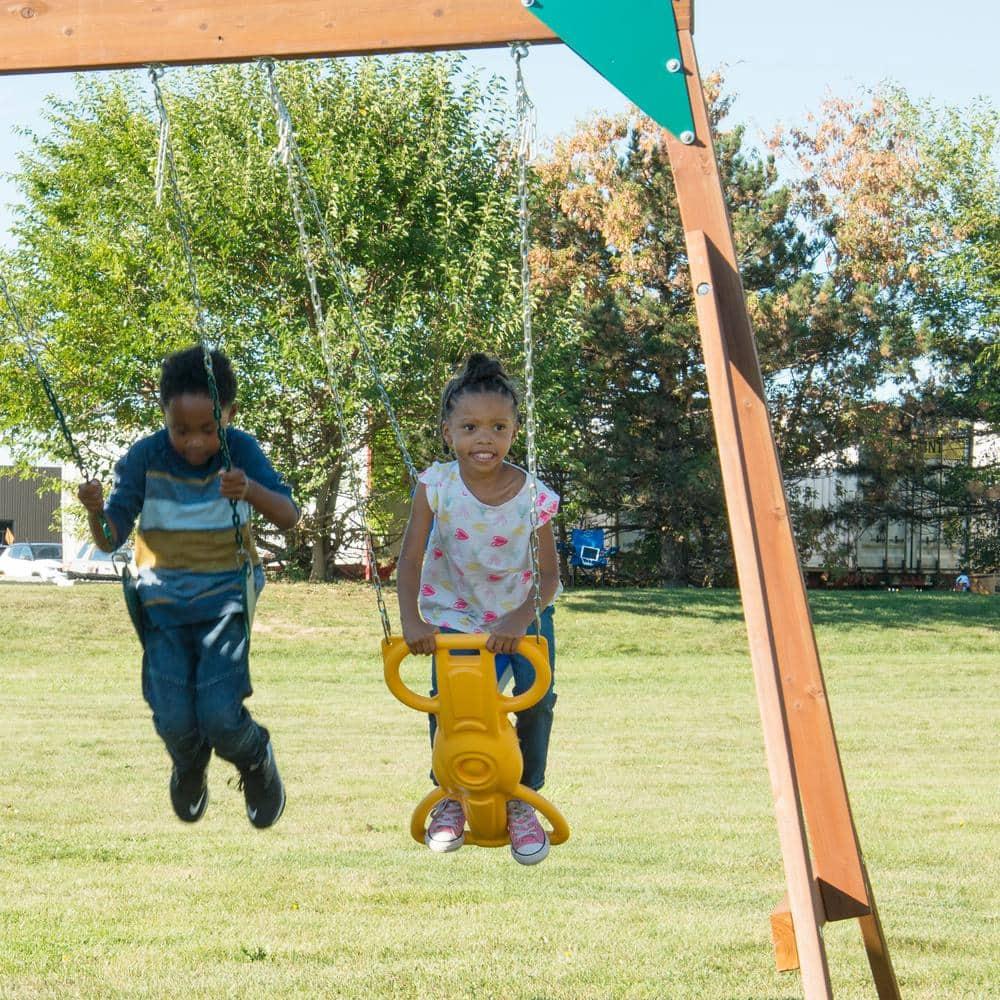 Swing-N-Slide Tellico Terrace Wooden Backyard Swing Set with Tube Slide, Wave Slide, Climbing Wall, and Swings