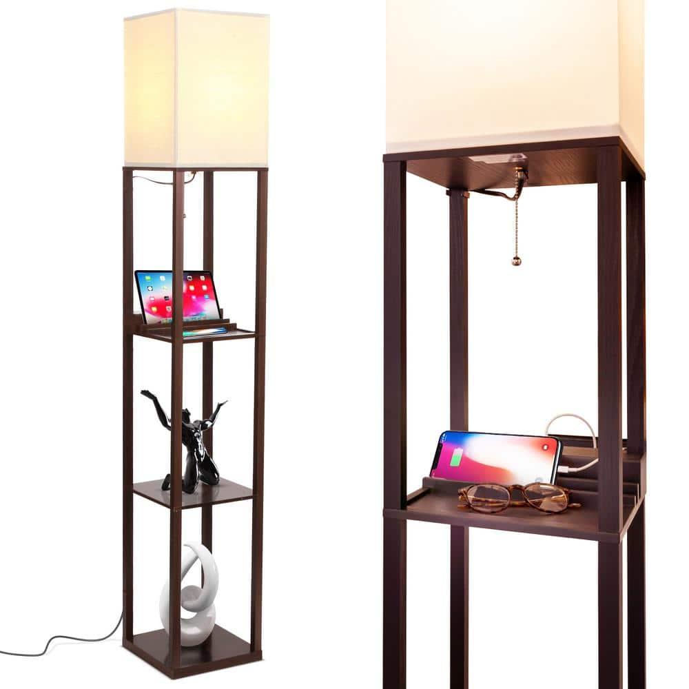 Maxwell 63 in. USB Charging LED 3-Shelf Floor Lamp with Beige Fabric Square Shade