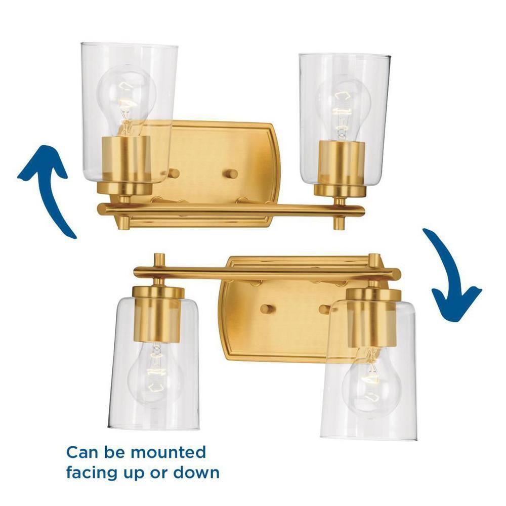 Progress Lighting Adley 2-Light Bath Vanity in Satin Brass with Clear Glass Shades