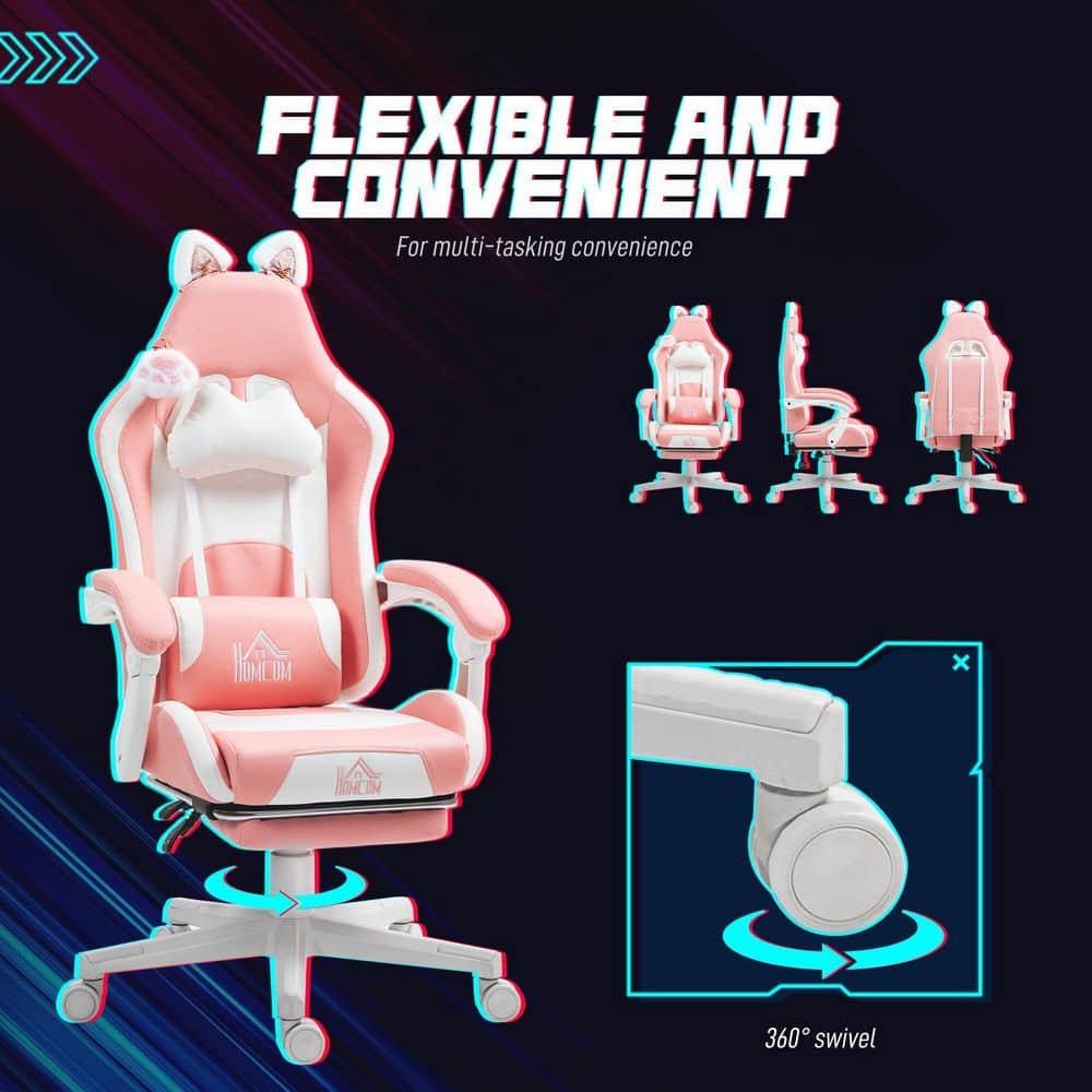 HOMCOM Cute Gaming Chair, Reclining Computer Chair with Footrest, Headrest, Lumbar Support, Height Adjustable Faux Leather Swivel Gamer Chair, Pink