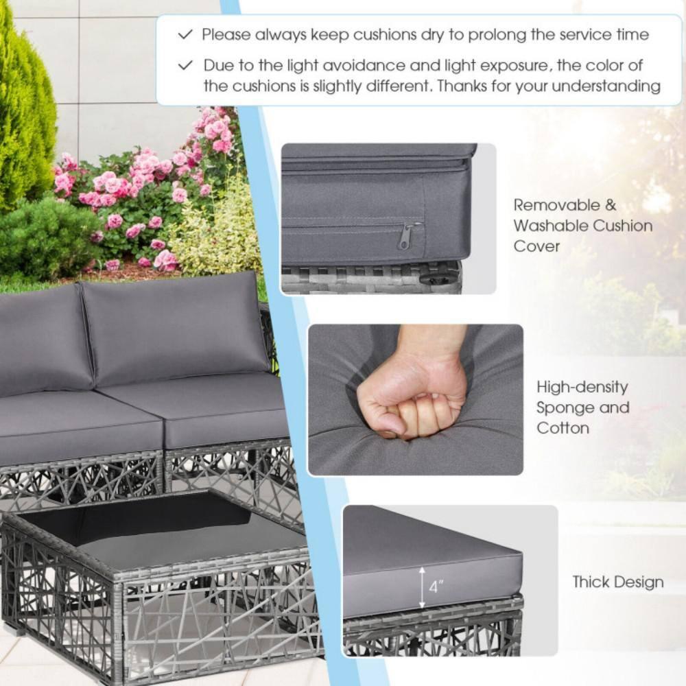 Costway 5 Pieces Patio PE Rattan Wicker Sofa Furniture Set Cushioned  Outdoor Grey
